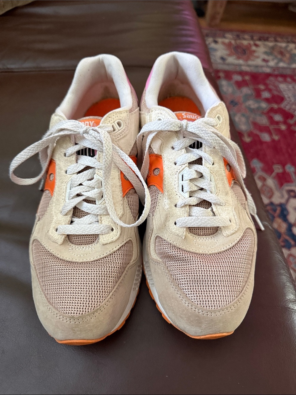 Saucony Beige and Orange Mesh Suede Runner